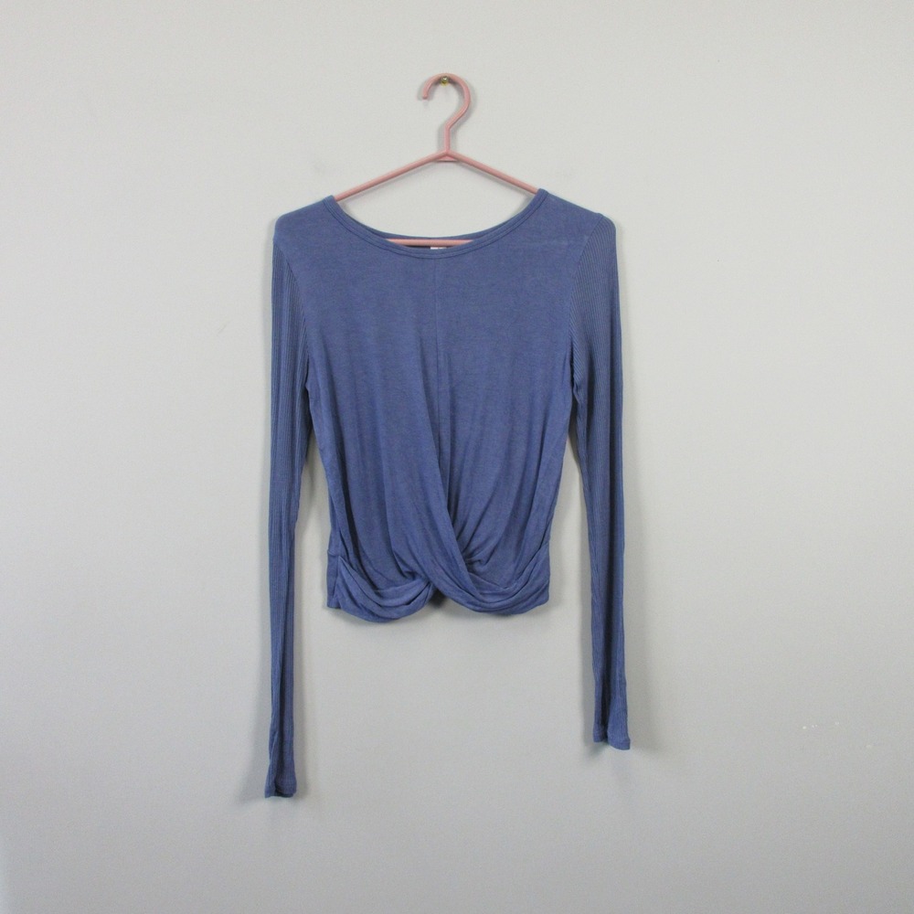 ALO Yoga Cover Long Sleeve Twist Front Top Women L Blue Knit Crop Athletic